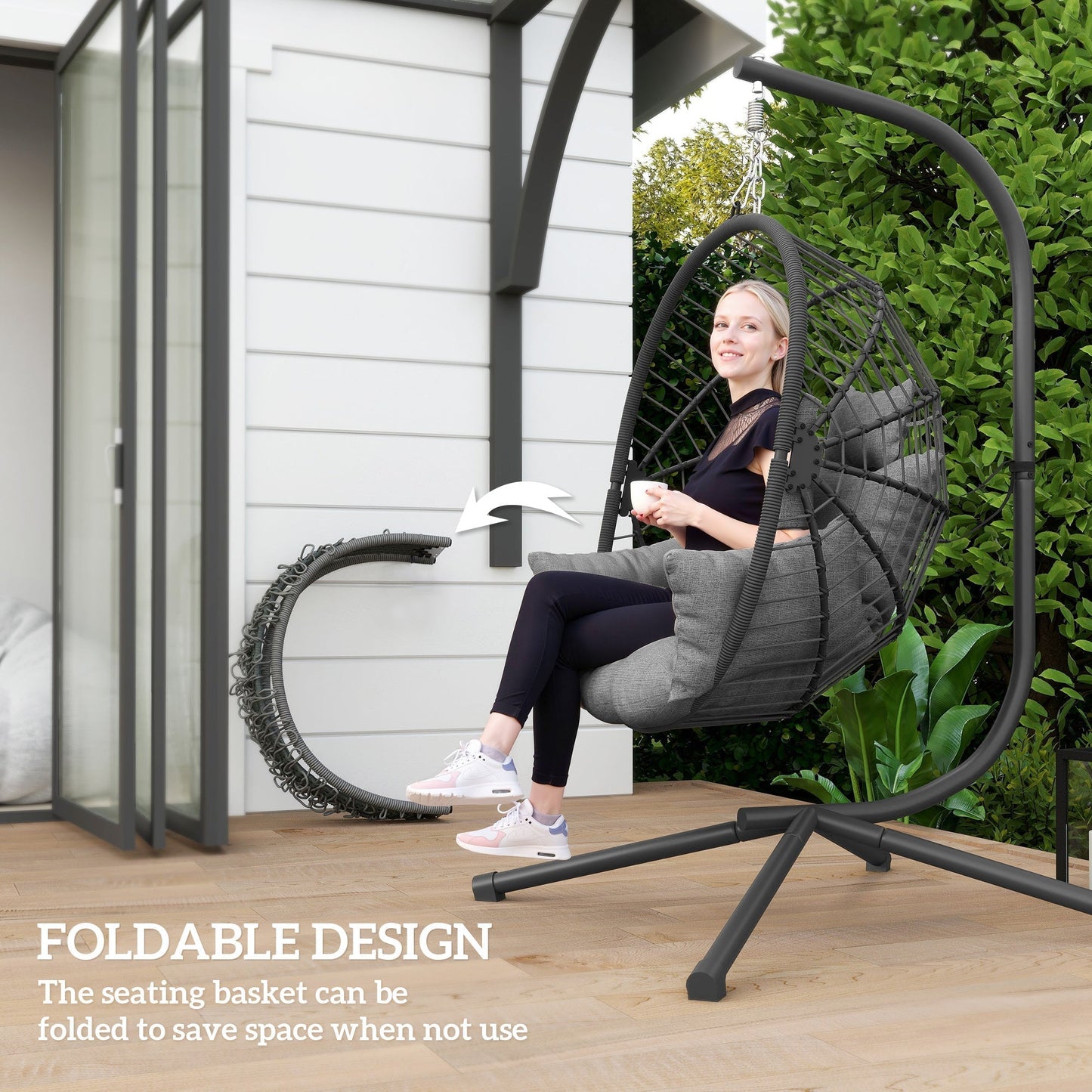 Outsunny Metal Stand Hanging Egg Chair, with Full Body Padded Seat - Grey