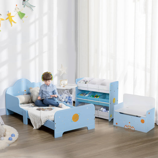 ZONEKIZ 3PCs Kids Bedroom Furniture Set with Bed, Toy Box Bench, Storage Unit with Baskets, Space Themed, for 3-6 Years Old, Blue