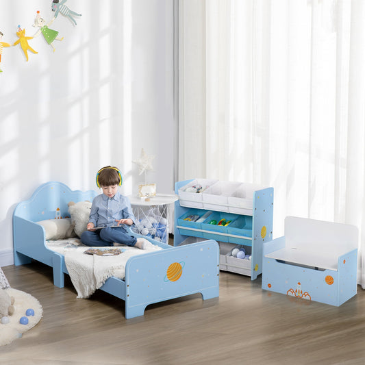 ZONEKIZ 3PCs Kids Bedroom Furniture Set with Bed, Toy Box Bench, Storage Unit with Baskets, Space Themed, for 3-6 Years Old, Blue