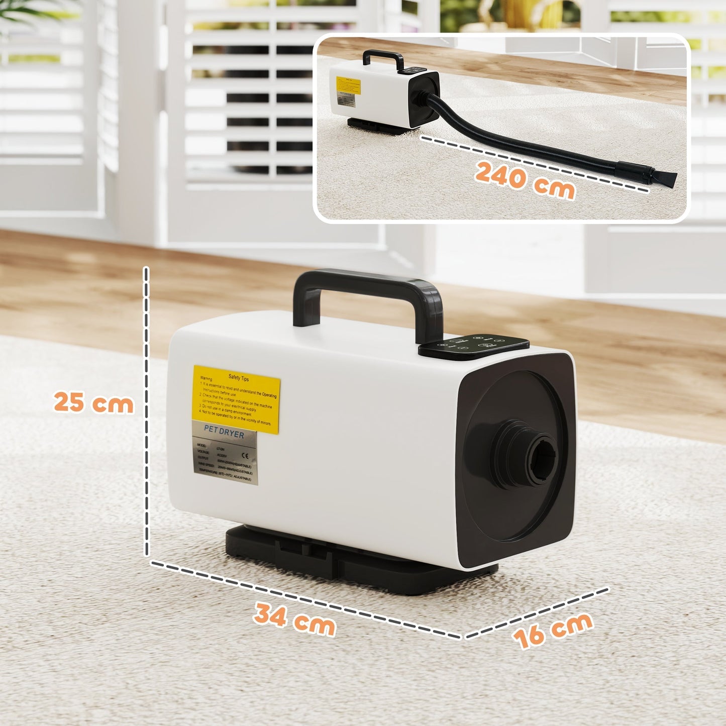 PawHut 2200W Dog Hair Dryer with Auto Adjustable Temperature & Airflow, 3 Nozzles, Digital Screen, for Dogs Cats, White