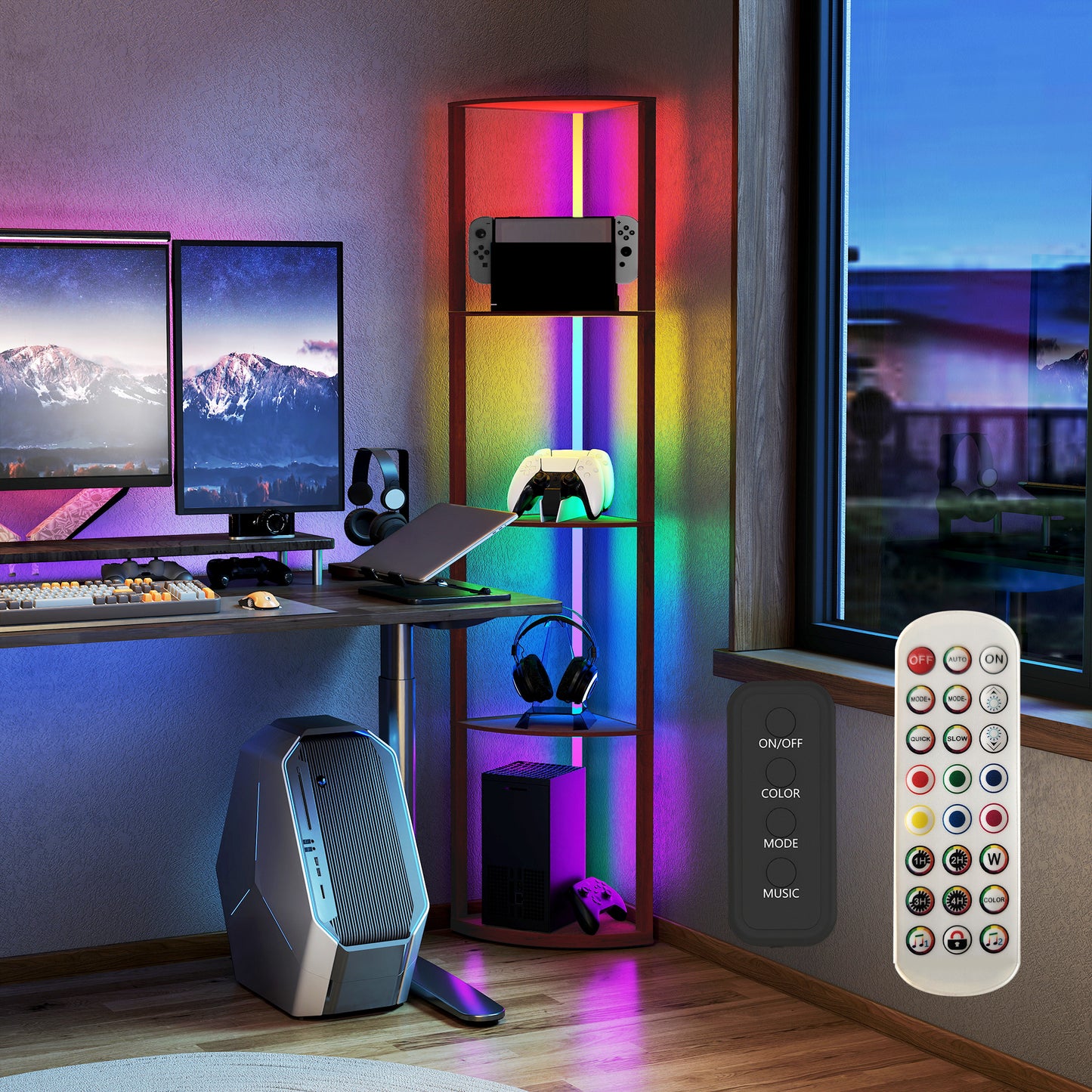 HOMCOM RGB Standing Lamp with Shelves, 4-Tier LED Floor Lamp with Multiple Lighting Modes, Brown
