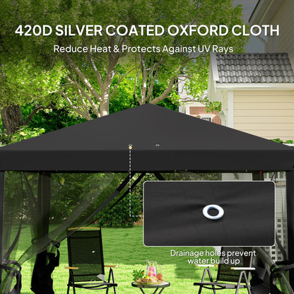 Outsunny 3 x 3Êm Pop Up Gazebo, 420D Garden Tent Canopy with Removable Mesh Sidewall Netting, Carry Bag for Garden Patio Outdoor, Black