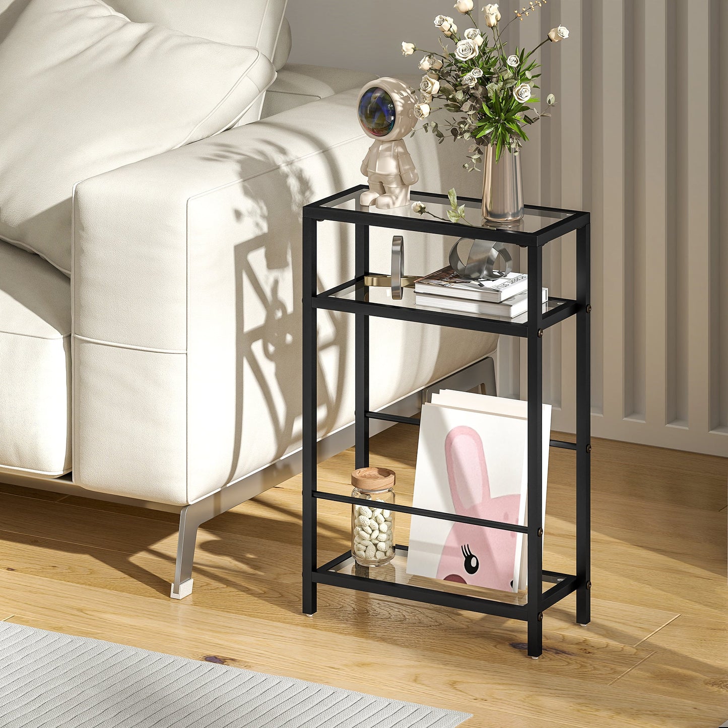 HOMCOM 3-Tier Side Table, Narrow End Table with Storage Shelf and Tempered Glass Tabletop for Small Spaces, Black