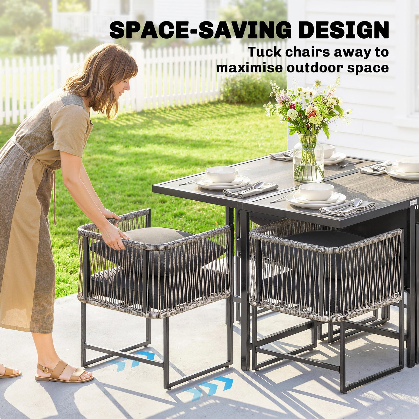 Outsunny 4-Seater Garden Dining Set, Rattan Outdoor Furniture with Space-Saving Chairs and Thick Cushions for Patio Balcony Black