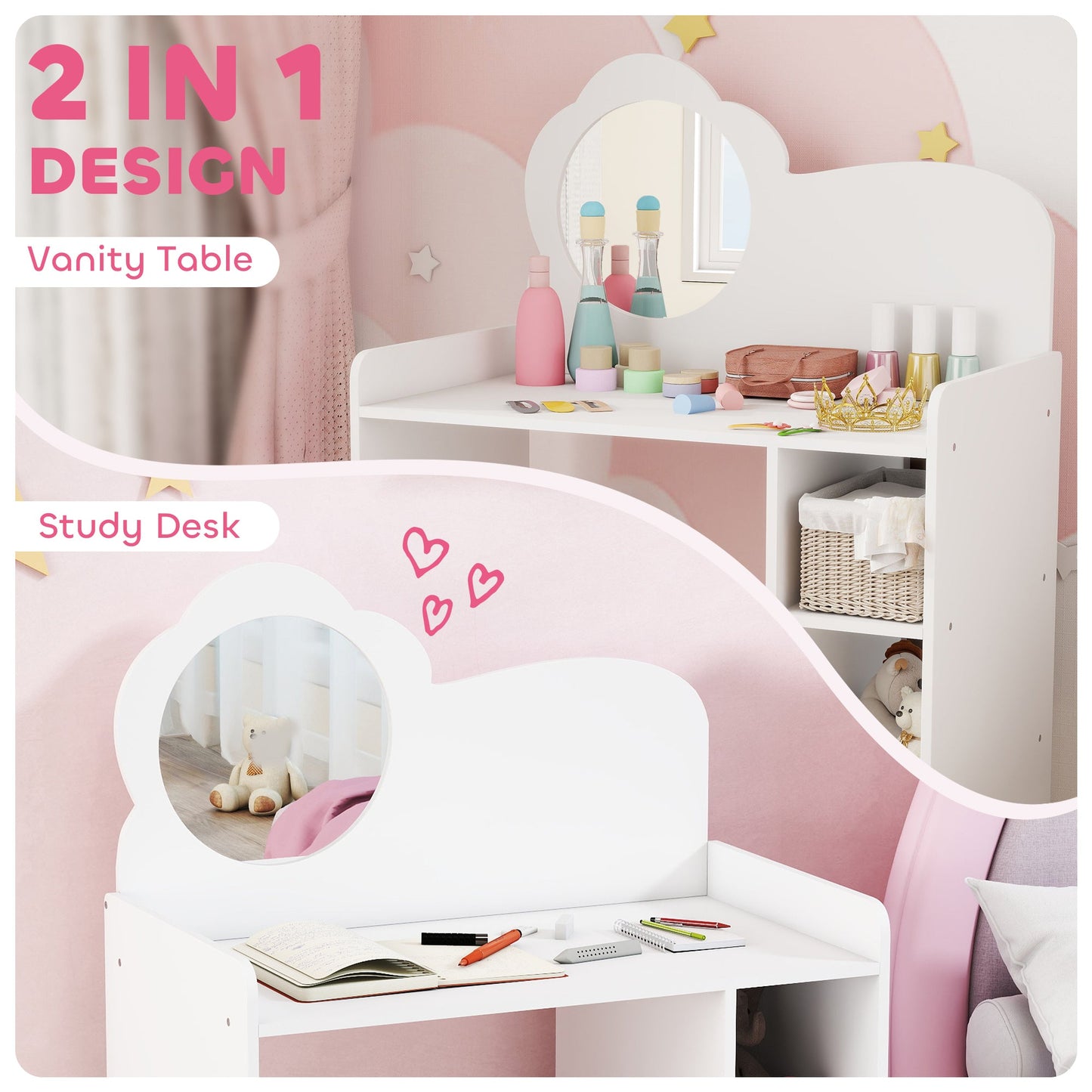 AIYAPLAY Kids Dressing Table with Mirror, Stool, Kids Vanity Table with Shelves, for Ages 3-8 Years, White