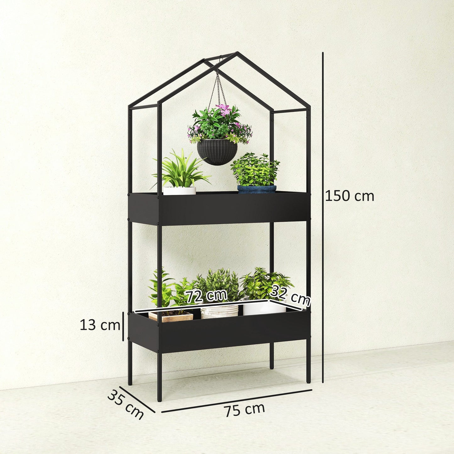 Outsunny 2 Tier Plant Stand, Outdoor Indoor Metal Plant Stand with Hook, House-Shaped Pots Holder Display Rack, Black