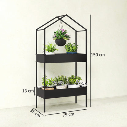 Outsunny 2 Tier Plant Stand, Outdoor Indoor Metal Plant Stand with Hook, House-Shaped Pots Holder Display Rack, Black