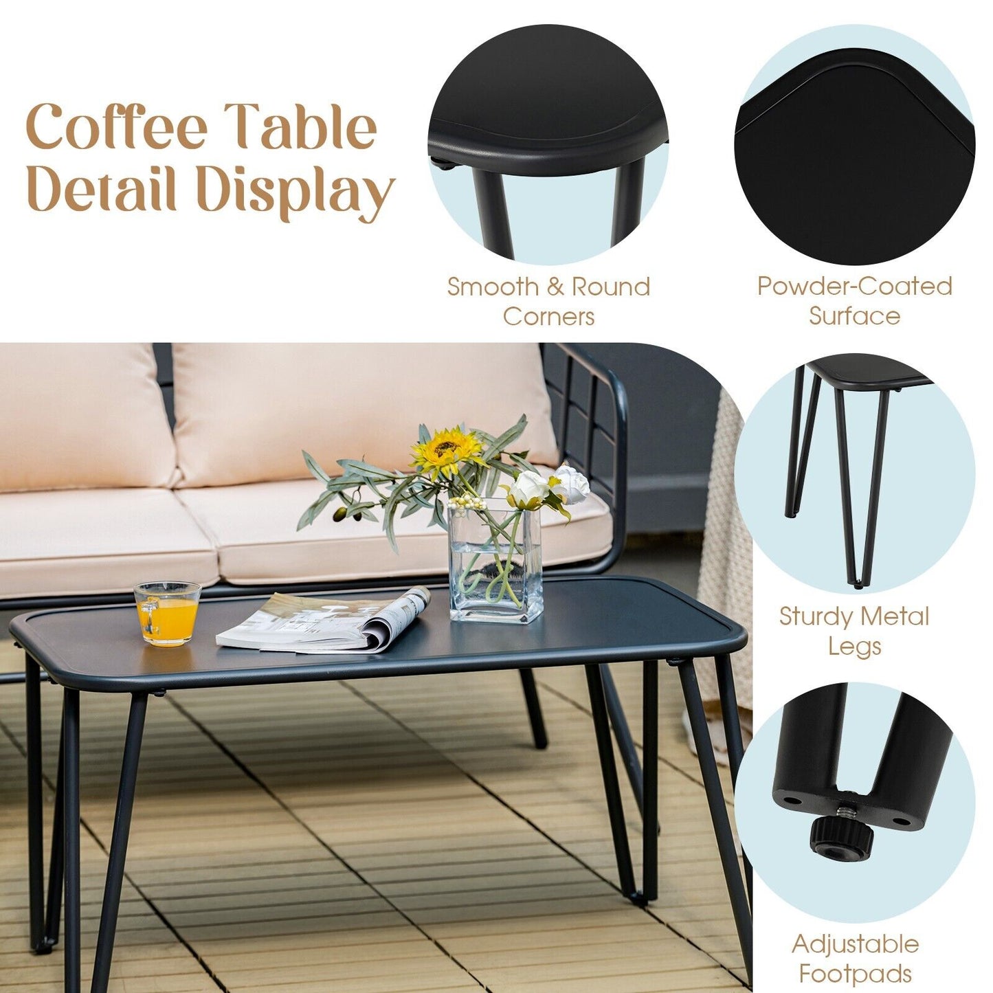 4 Piece Patio Conversation Set with Seat Back Cushions-Beige