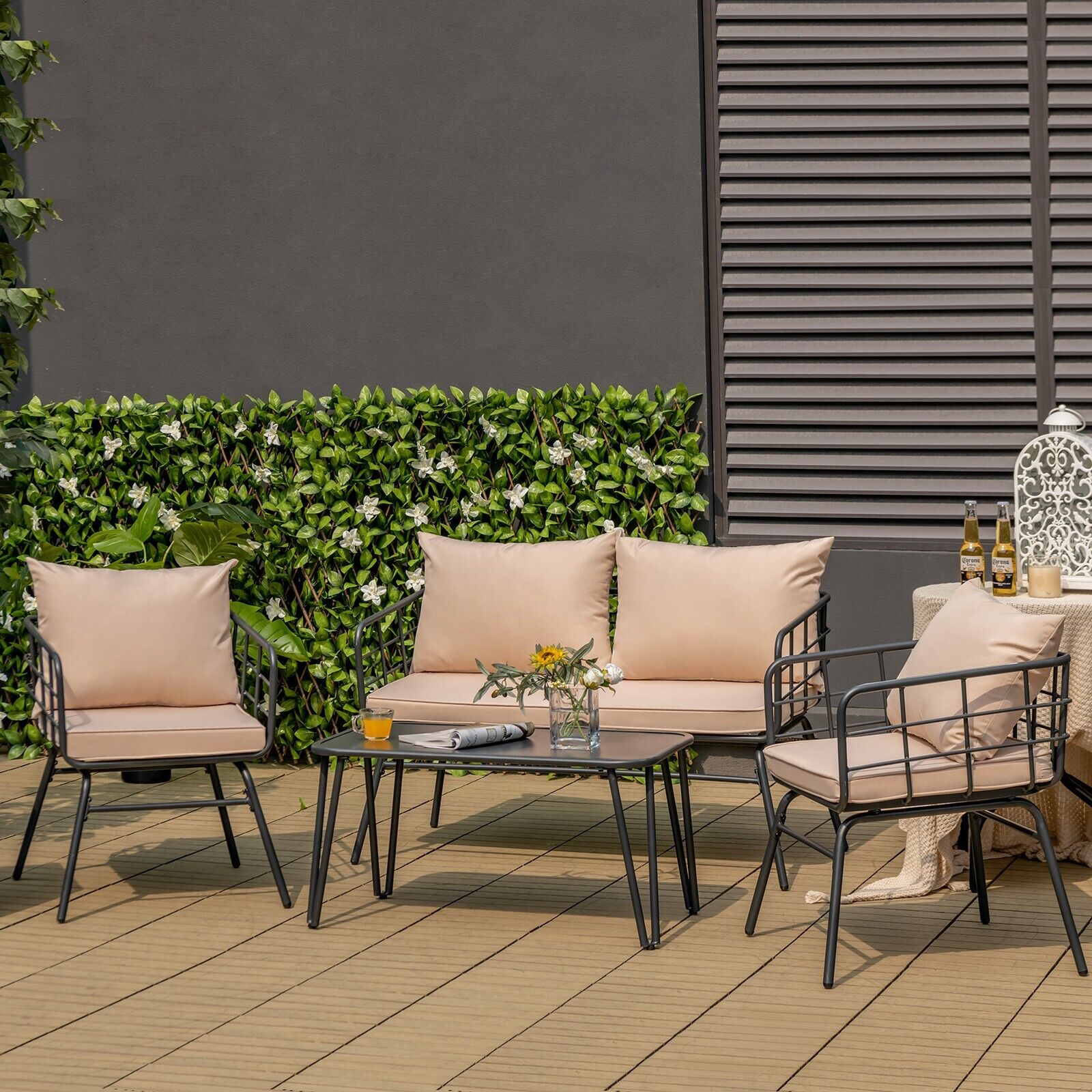 4 Piece Patio Conversation Set with Seat Back Cushions-Beige