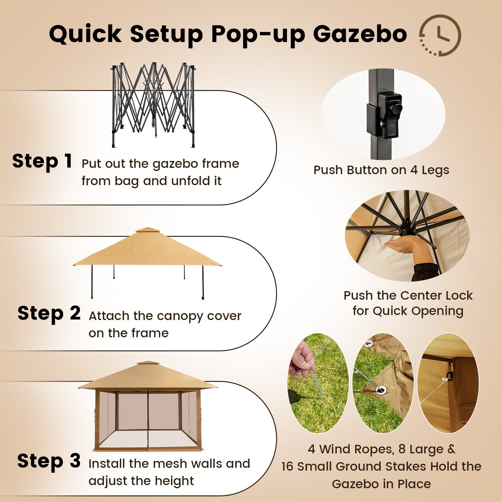 4 x 4m Pop-up Gazebo with Mesh Sidewalls and Adjustable Height-Brown