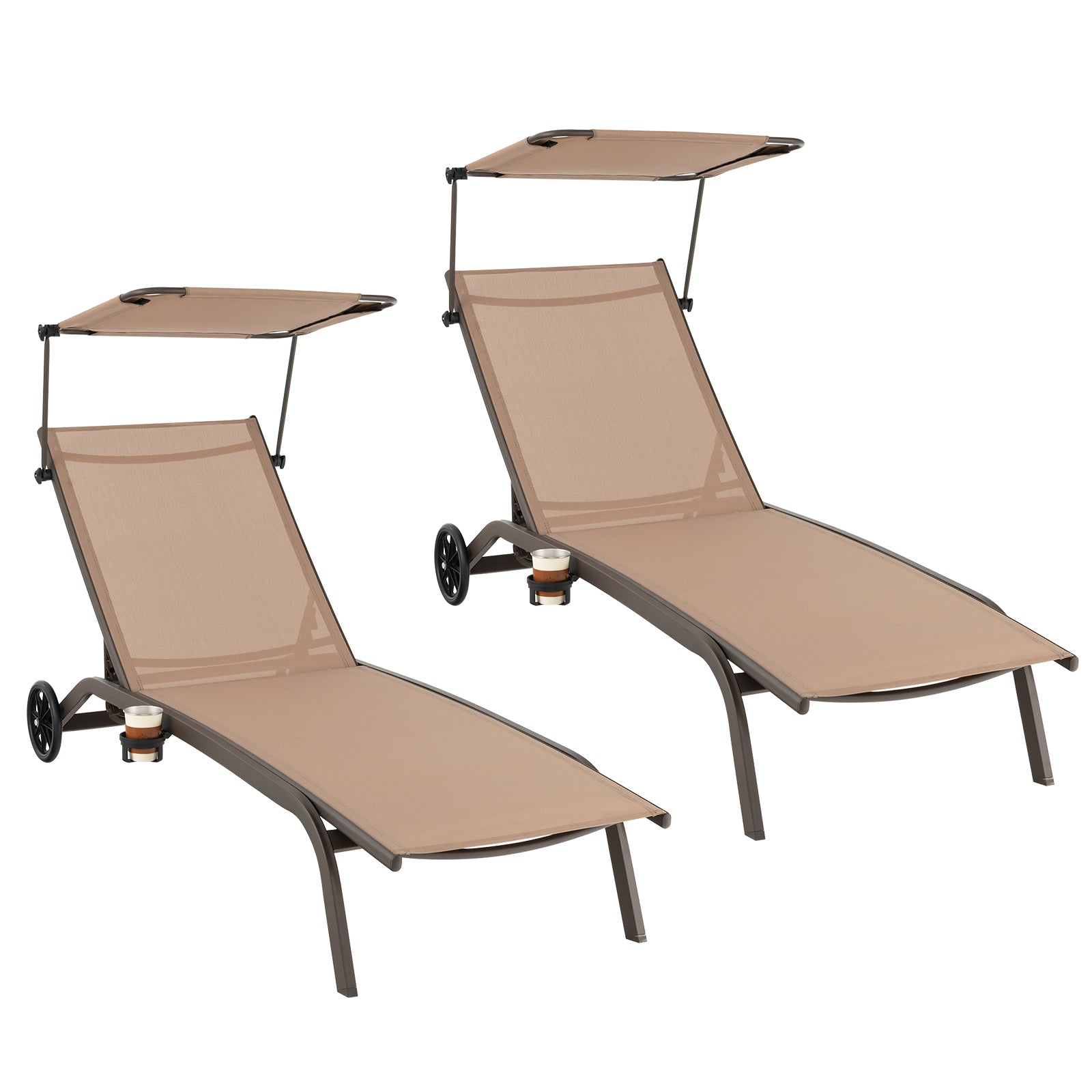 Patio Chaise Lounge Chair with Wheels and Adjustable Canopy-Brown