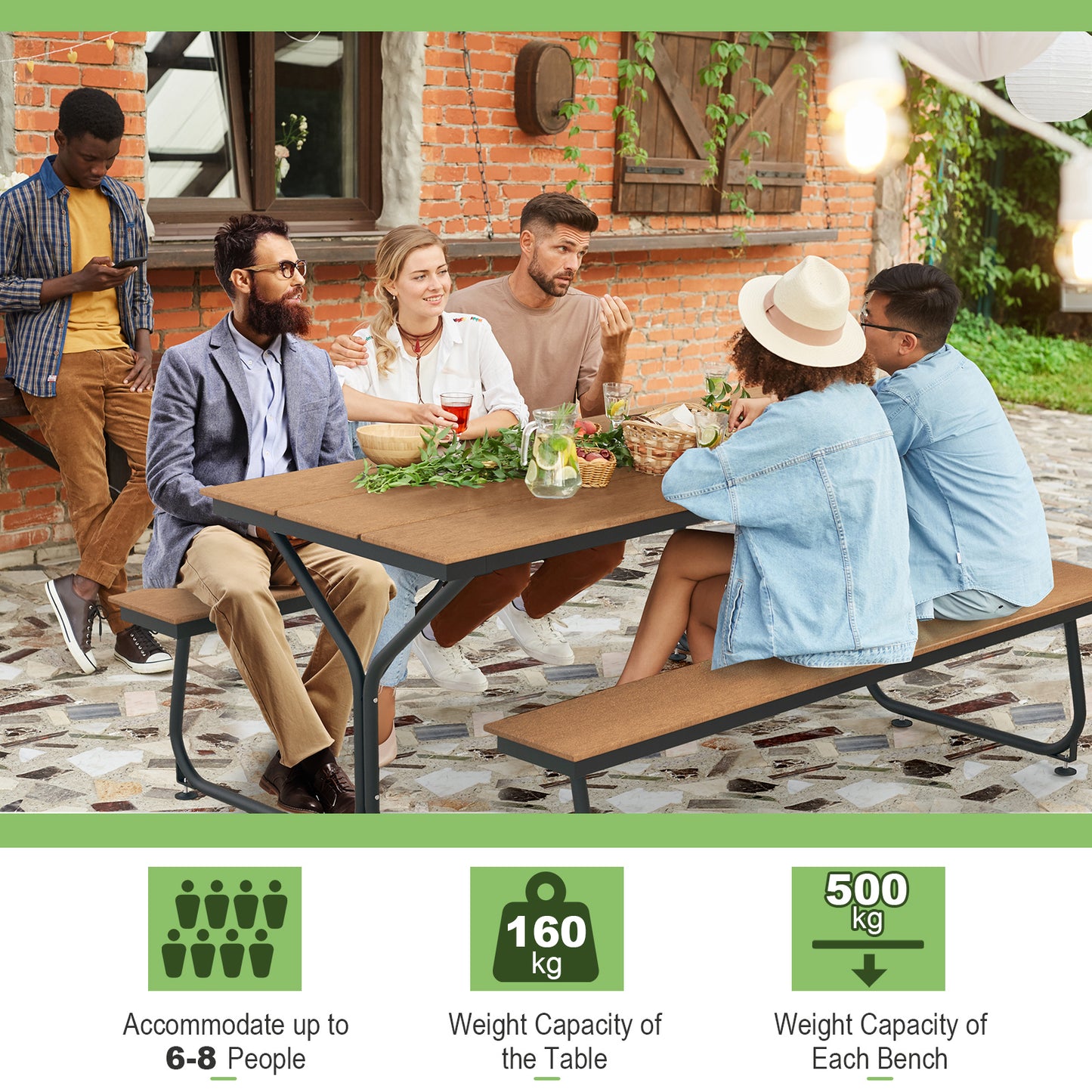 Outdoor Picnic Table Bench Set for 6-8 People-Brown