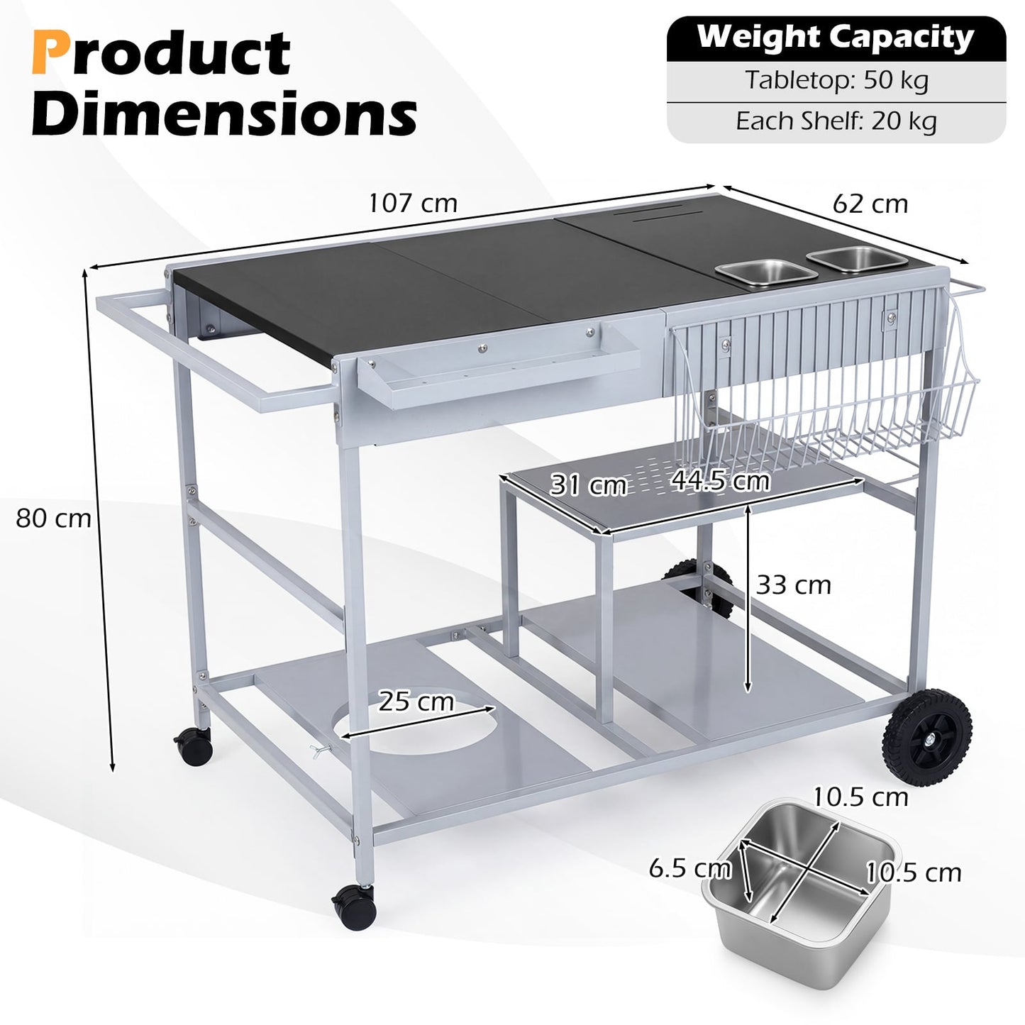 Metal Rolling Food Prep Cart with Mesh Side Panel and Topping Station for Backyard-Black