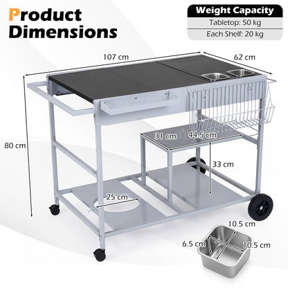 Metal Rolling Food Prep Cart with Mesh Side Panel and Topping Station for Backyard-Black