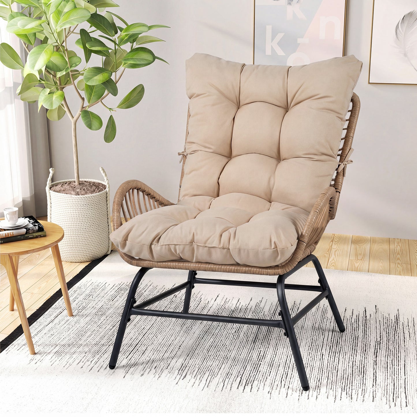 PE Rattan Leisure Chair with Cushion and Solid Metal Frame-Yellow