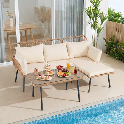 3-Piece Patio Furniture Set with Coffee Table and L-Shaped Sectional Sofa-Beige