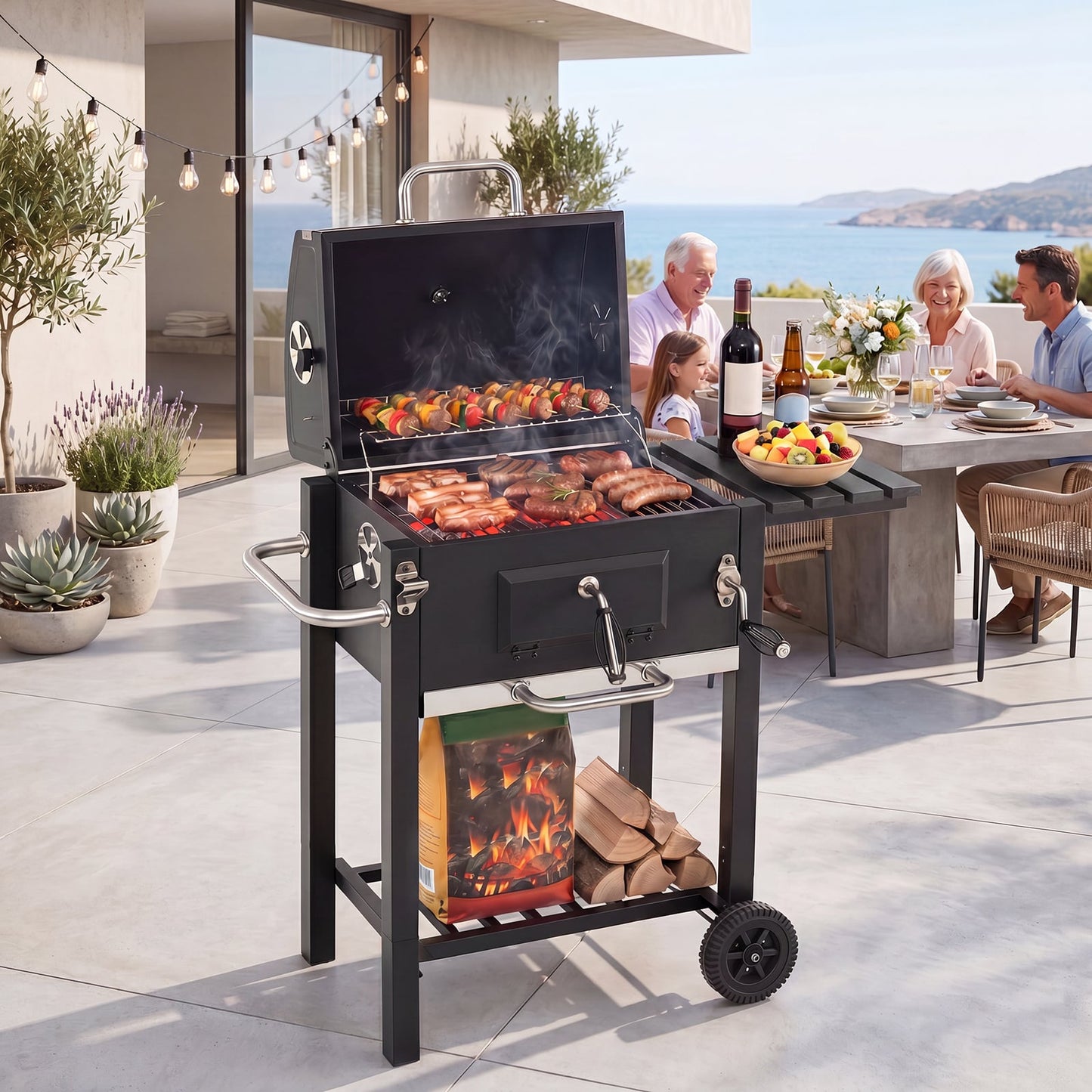 Charcoal Grill with Wheels Portable BBQ Grill with Adjustable Charcoal Tray-Black