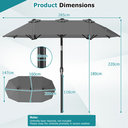 Double-Sided Patio Umbrella with Push Button Tilt and Crank and 12 Ribs-Grey