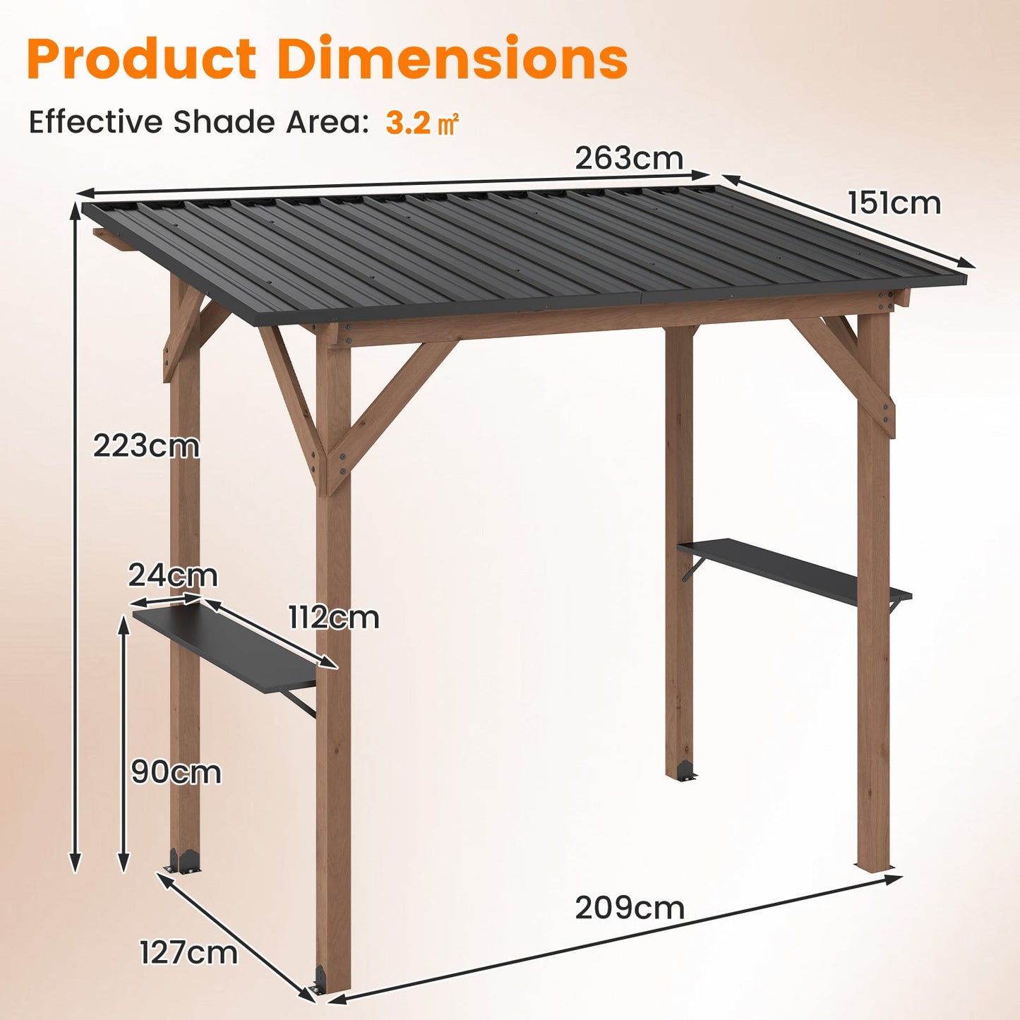 263 x 151 cm Grill Gazebo with 2 Side Serving Shelves-Brown