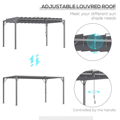 Outsunny 4 x 3(m) Outdoor Pergola with Retractable Roof, Aluminium Louvered Patio Gazebo Canopy for Lawn Garden Patio, Grey