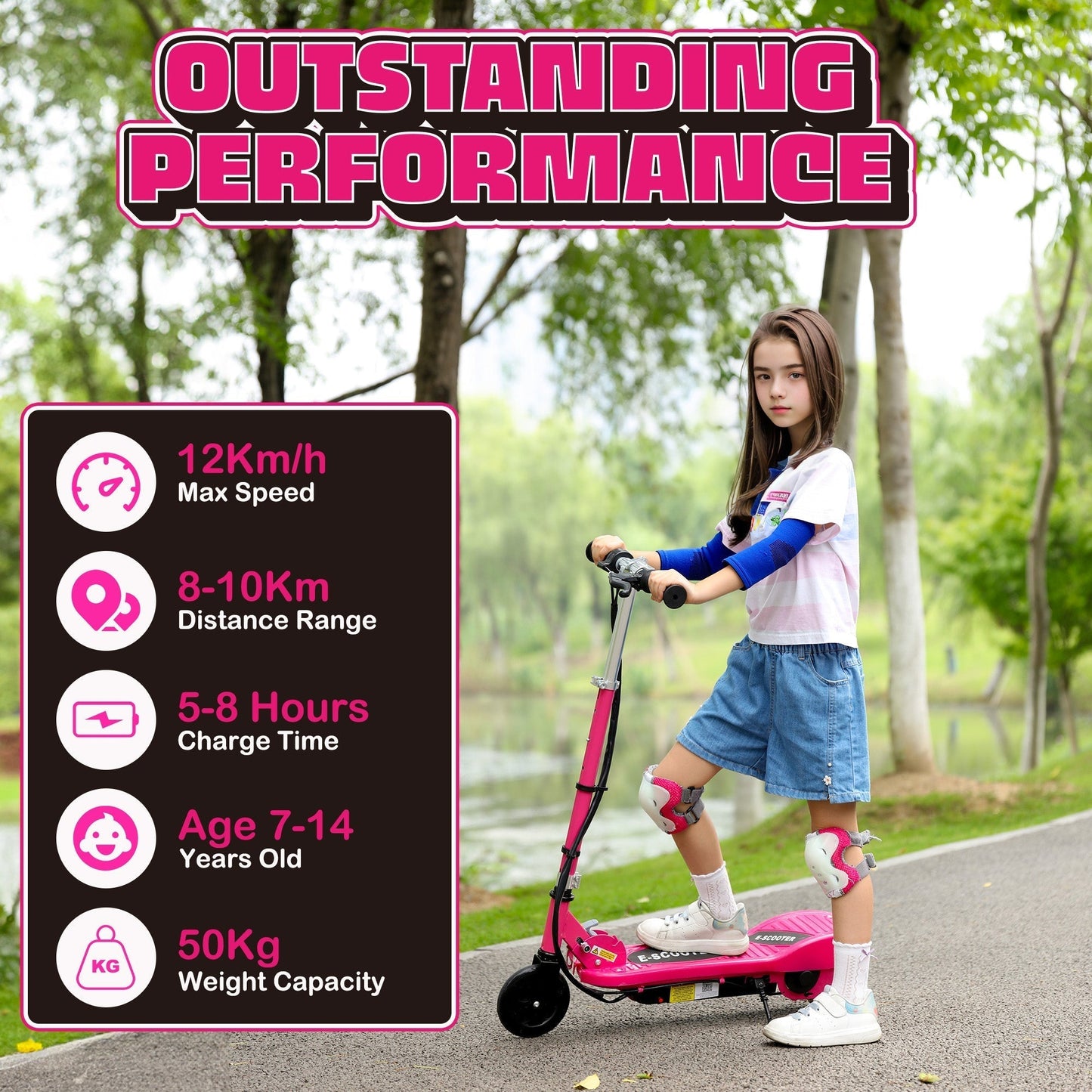 HOMCOM Foldable Electric Kids Scooter, Ride-on for Ages 7-14 Years, Pink