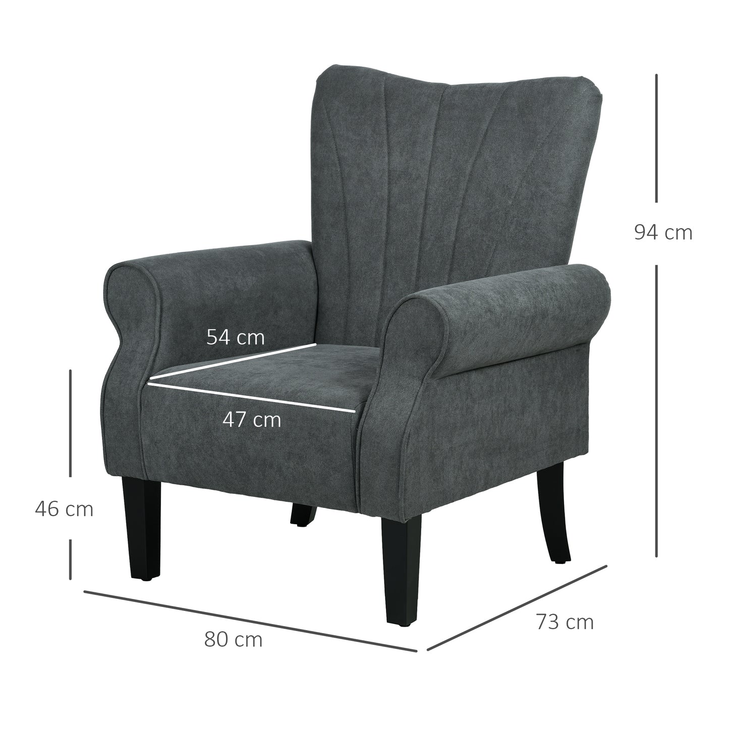 HOMCOM Upholstered Accent Chair with Rolled Arms and Wood Legs, Armchair for Living Room Bedroom, Grey