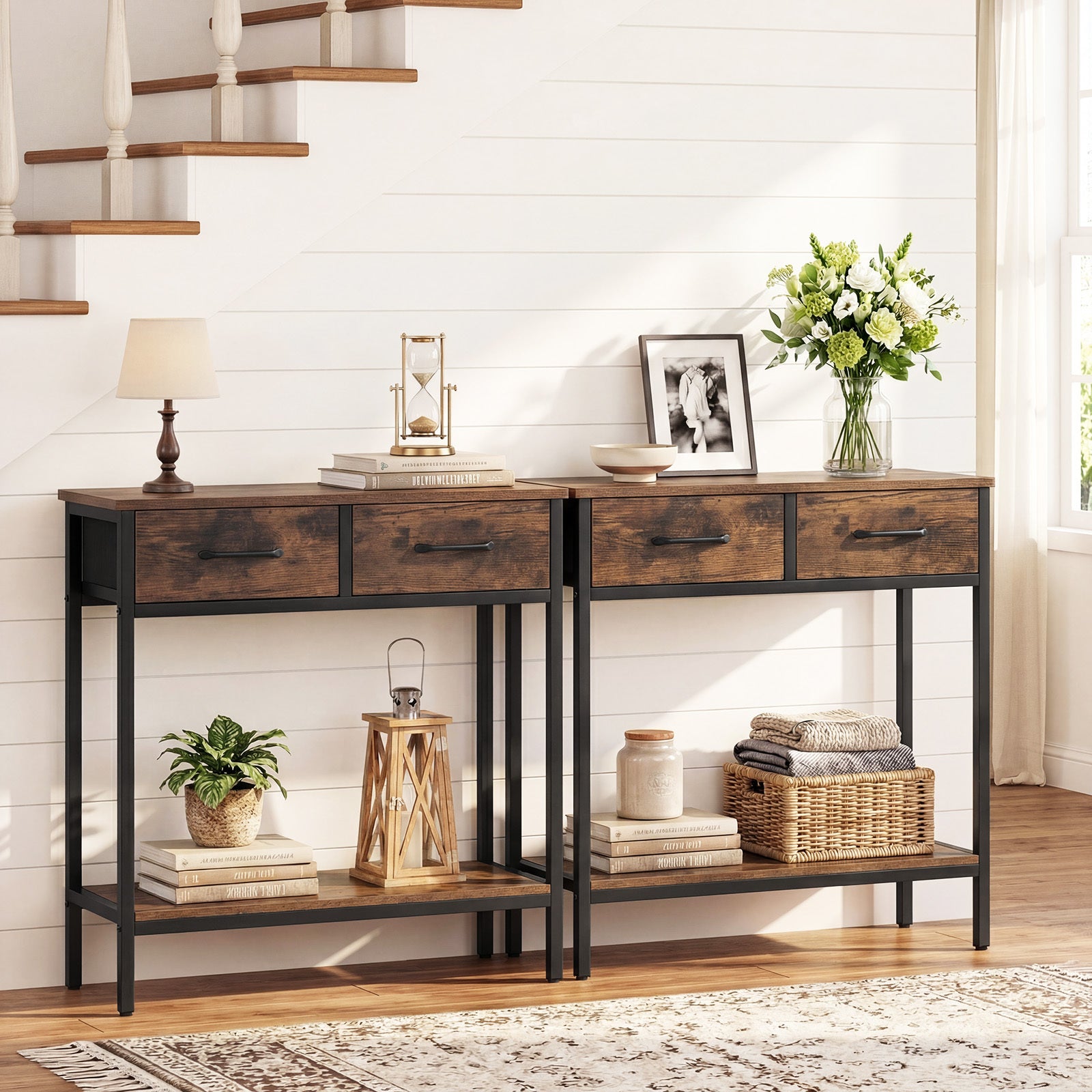 Narrow Console Table w/2 Fabric Drawers Open Compartment and Anti-Tipping Device-Rustic Brown