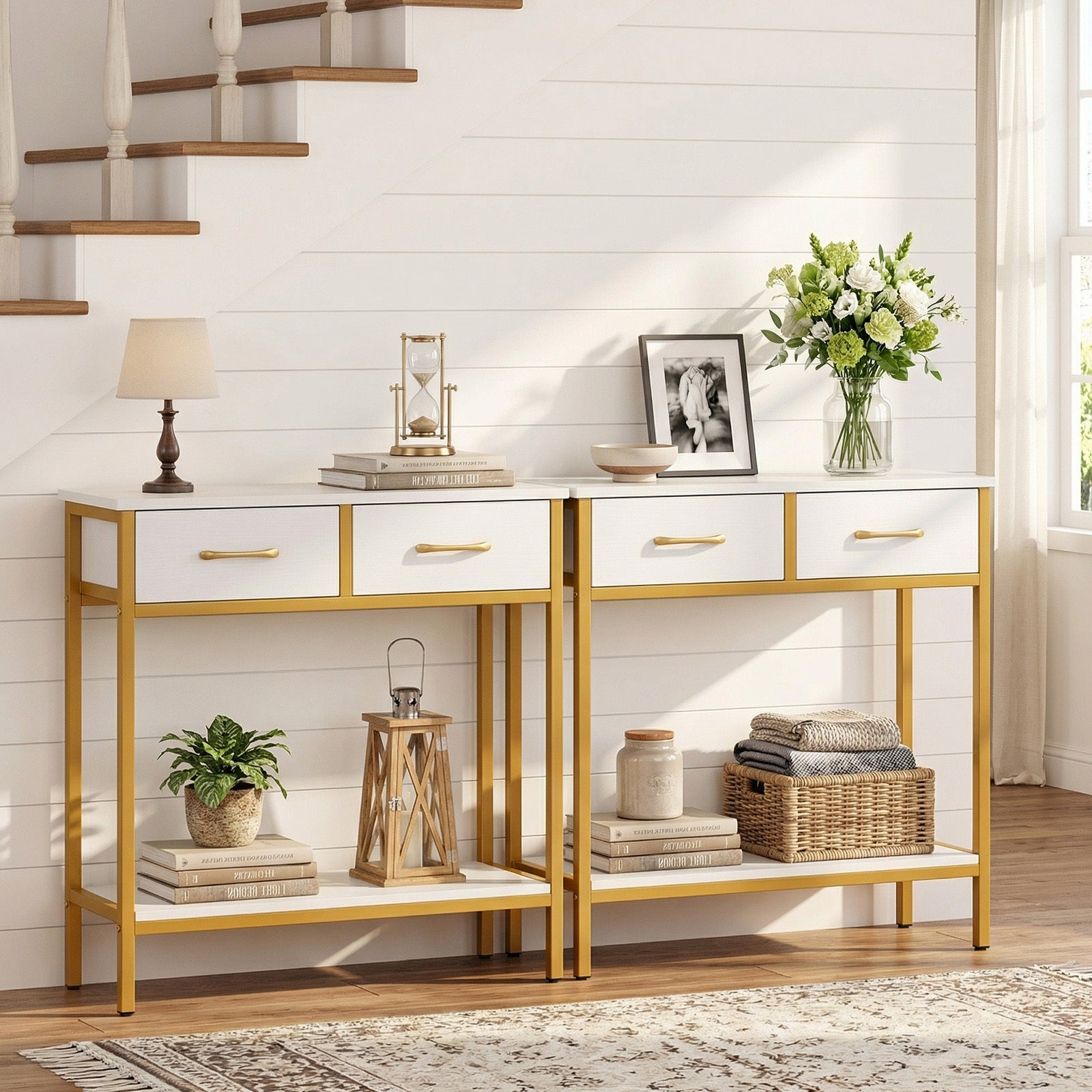 Narrow Console Table w/2 Fabric Drawers Open Compartment and Anti-Tipping Device-White