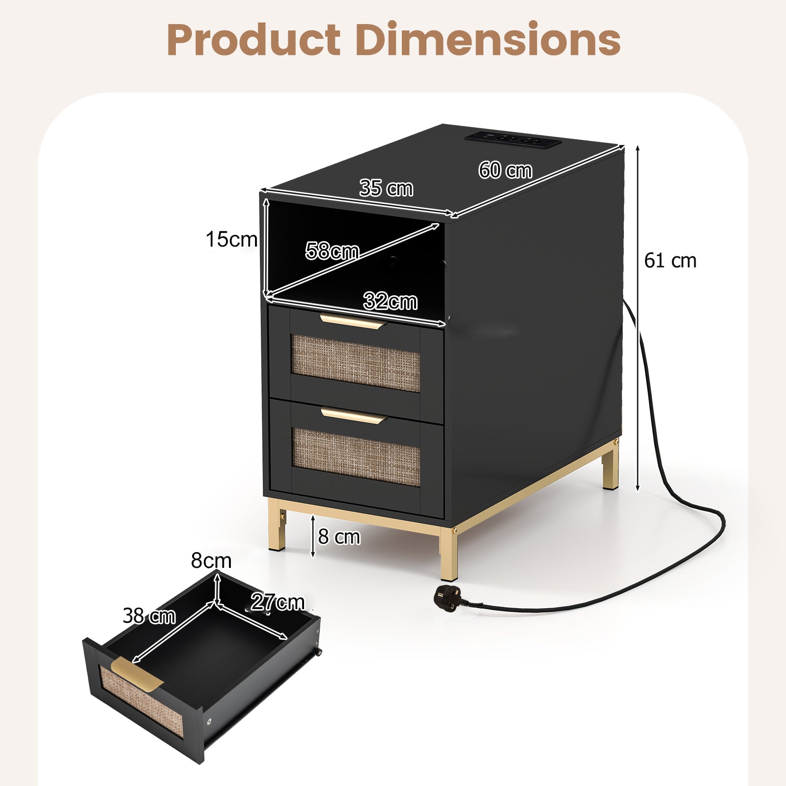 Narrow End Table with Charging Station and 2 Drawers for Bedroom-Black