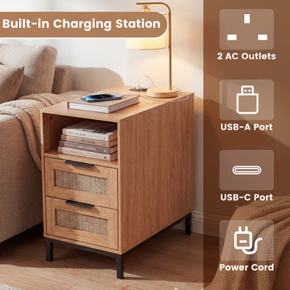 Narrow End Table with Charging Station and 2 Drawers for Bedroom-Natural