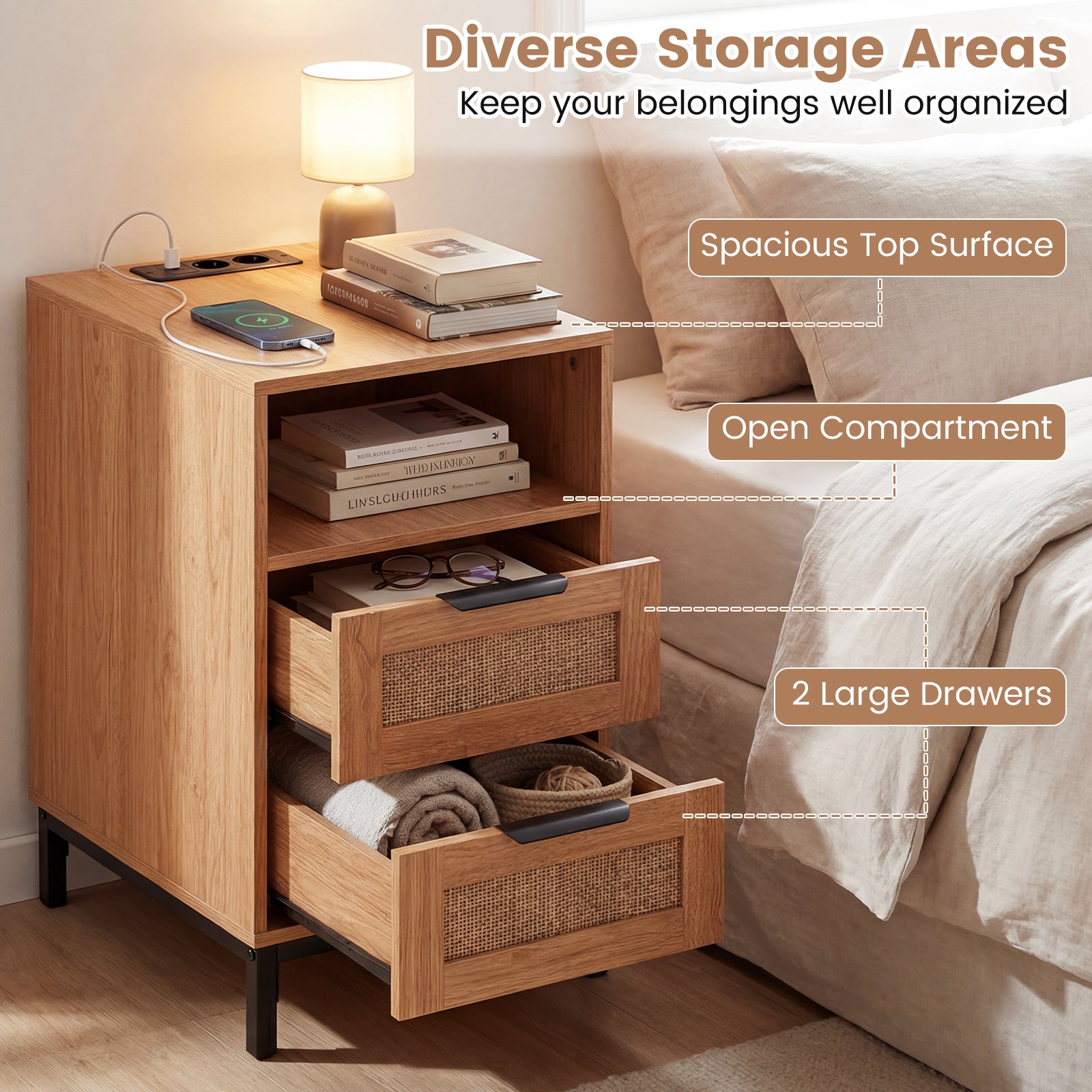 Narrow End Table with Charging Station and 2 Drawers for Bedroom-Natural