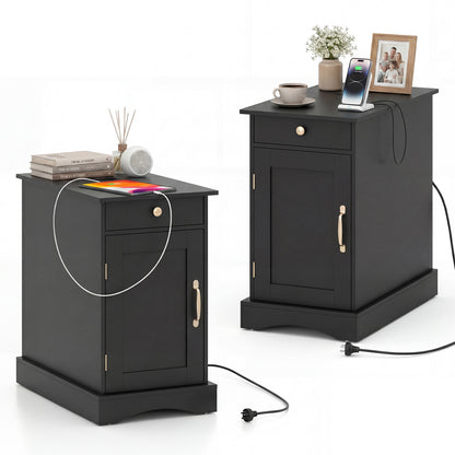Narrow Nightstand Set of 2 with Charging Station and Drawer for Living Room Bedroom-Black