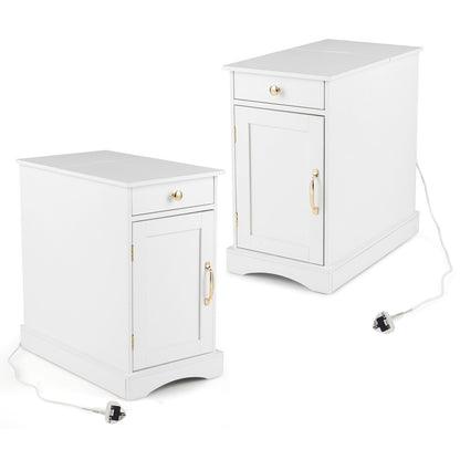 Narrow Nightstand Set of 2 with Charging Station and Drawer for Living Room Bedroom-White