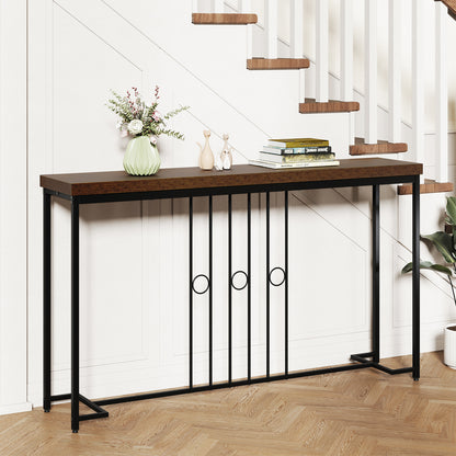 140CM Narrow Entryway Table with H-Shaped Base and Spacious tabletop-Rustic Brown
