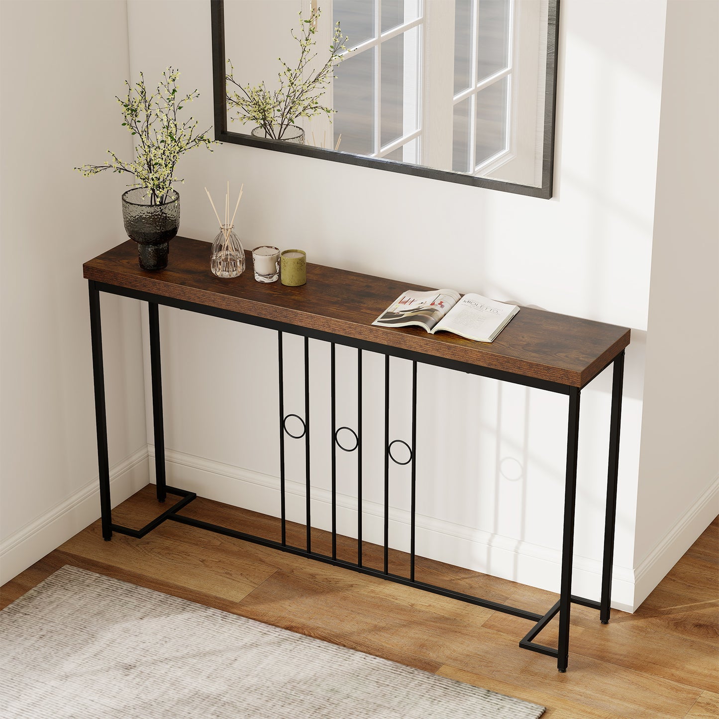 140CM Narrow Entryway Table with H-Shaped Base and Spacious tabletop-Rustic Brown