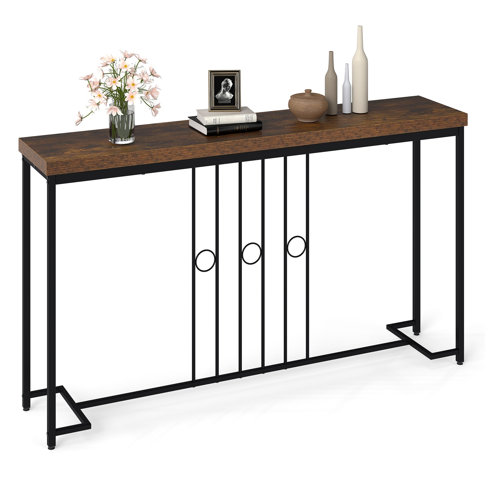 140CM Narrow Entryway Table with H-Shaped Base and Spacious tabletop-Rustic Brown