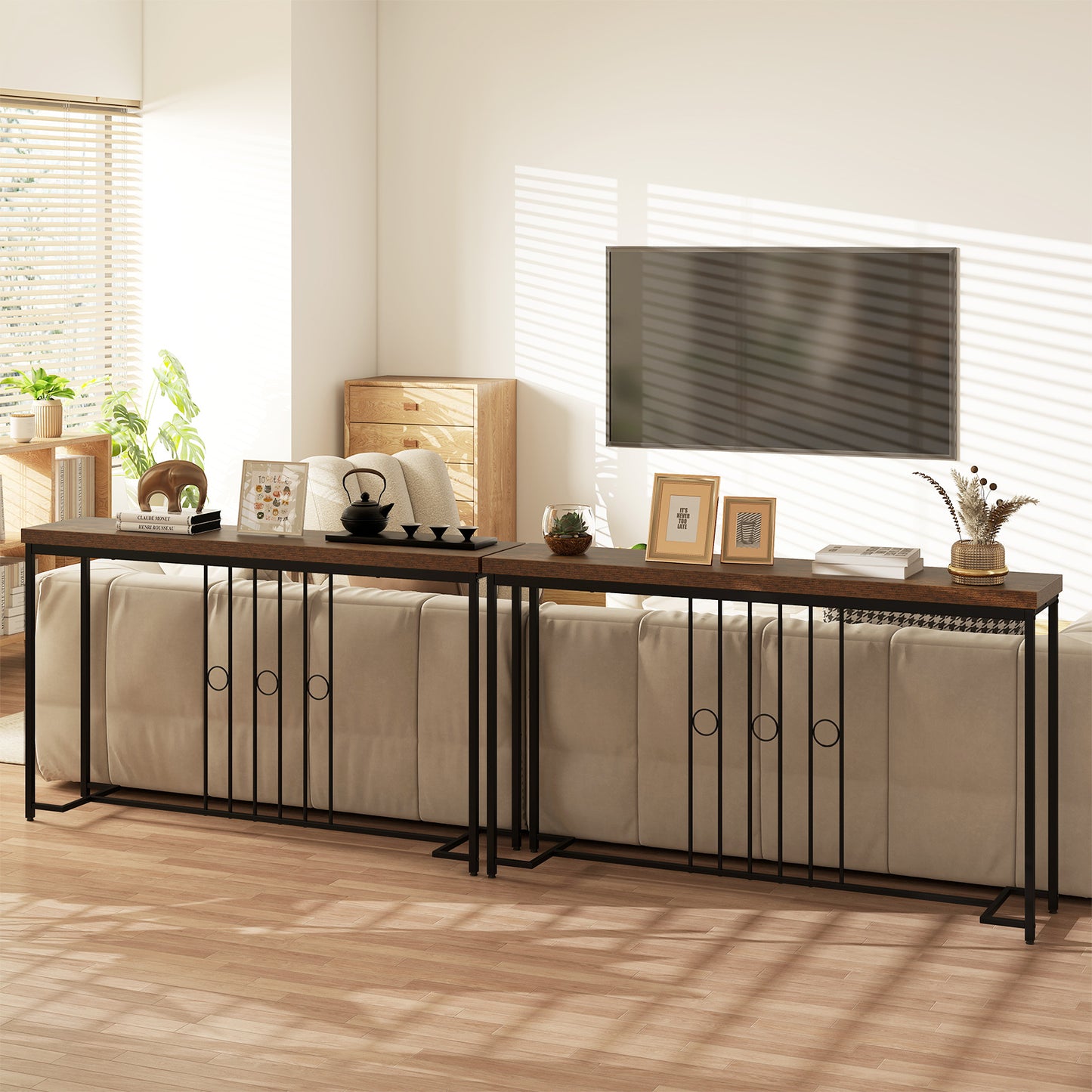 140CM Narrow Entryway Table with H-Shaped Base and Spacious tabletop-Rustic Brown