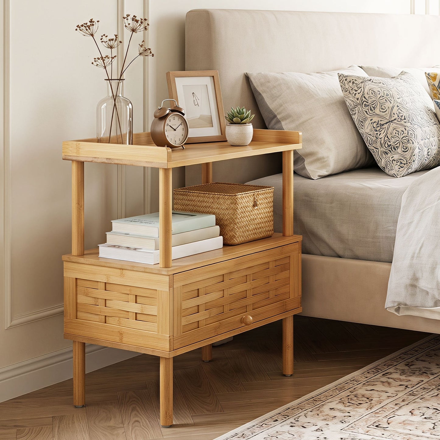 Natural Side Table with Raised Edge Flip-Up Door and Open Shelf-Natrual