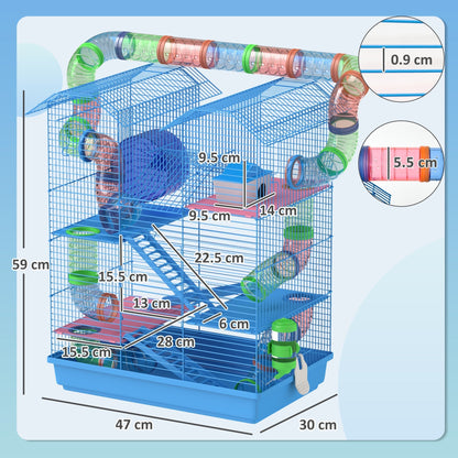 PawHut 5 Tier Hamster Cage Carrier Habitat with Exercise Wheels Tunnel Tube Water Bottle Dishes House Ladder for Dwarf Mice, Blue