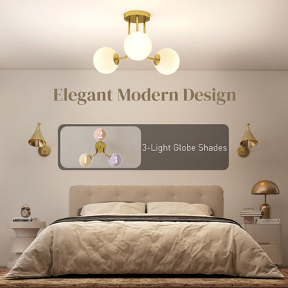 HOMCOM LED Ceiling Light with Globe Shades, Modern 3-Light Ceiling Light with G9 Sockets for Living Room, Bedroom, Dining Room, Bulbs Not Included, Gold Tone
