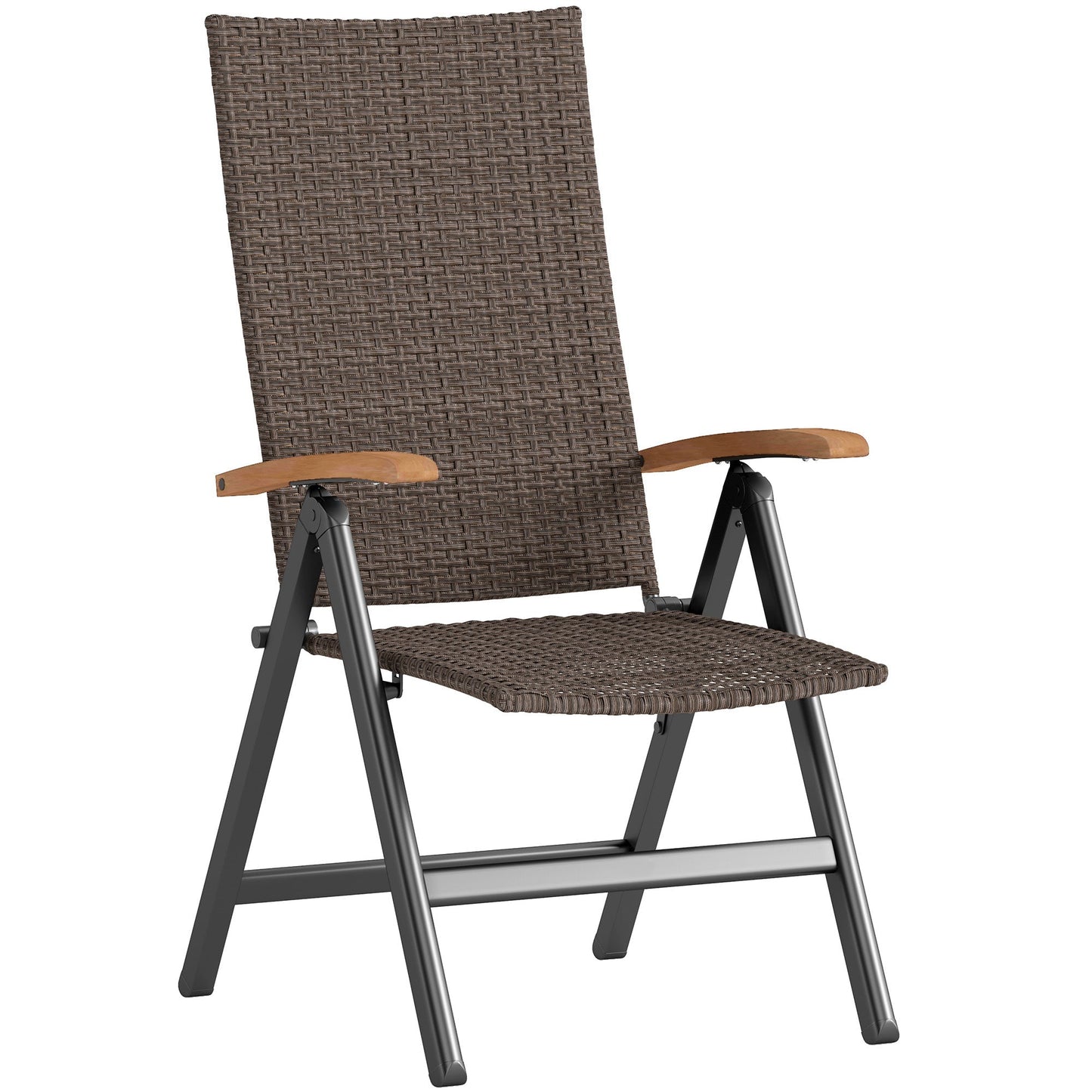Outsunny Folding Rattan Garden Dining Chair with 5-level Reclining High Back, Wood Armrests for Outdoor, Patio - Brown