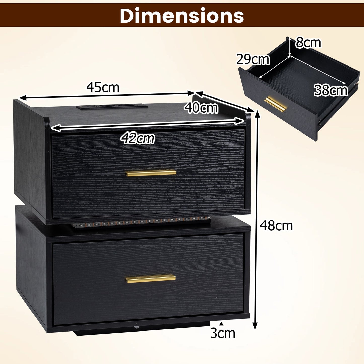 Nightstand with Charging Station and 2 Storage Drawers-Black