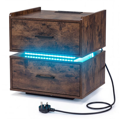 Nightstand with Charging Station and 2 Storage Drawers-Rustic Brown