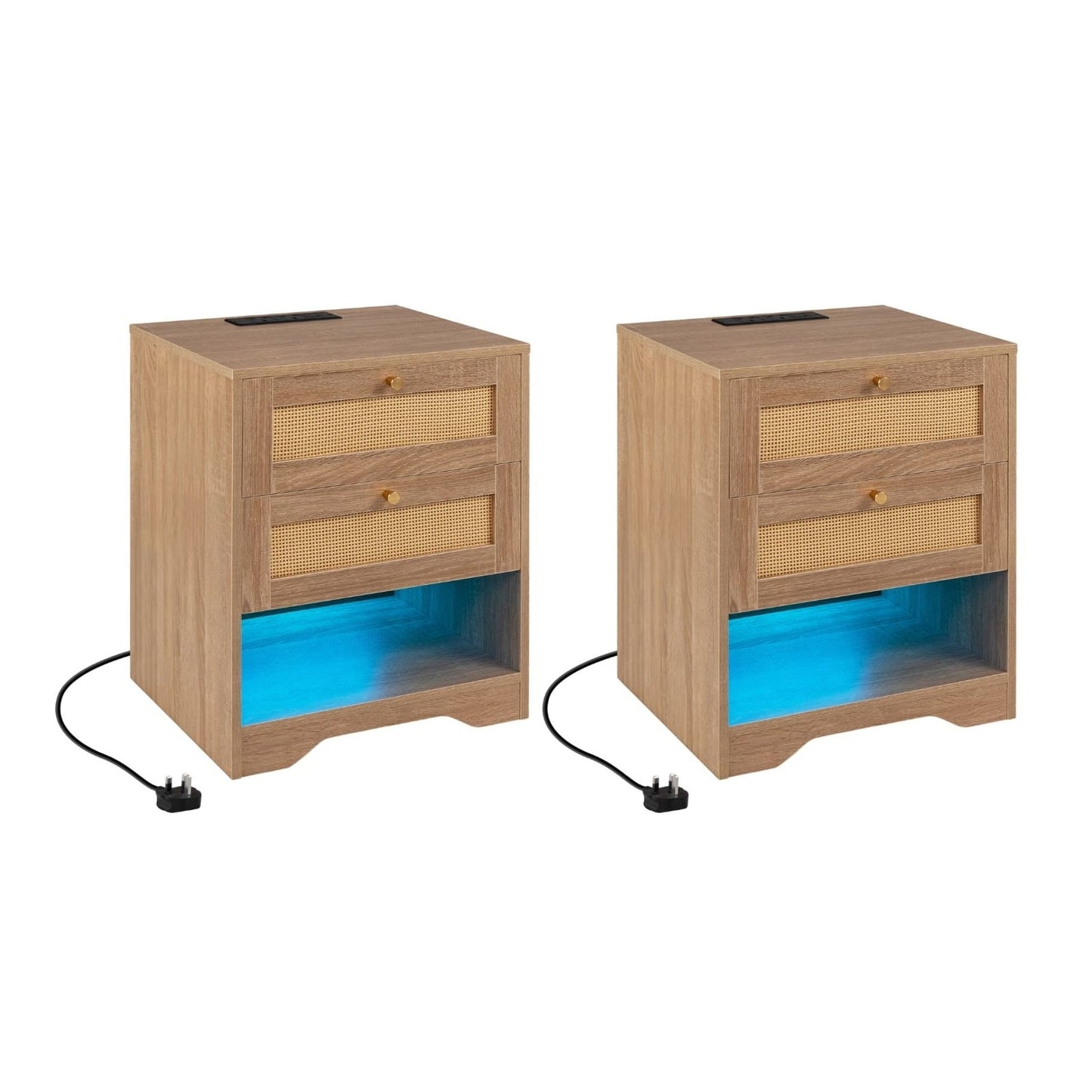 Nightstand with Charging Station and Open Storage for Bedroom Set of 2-oak