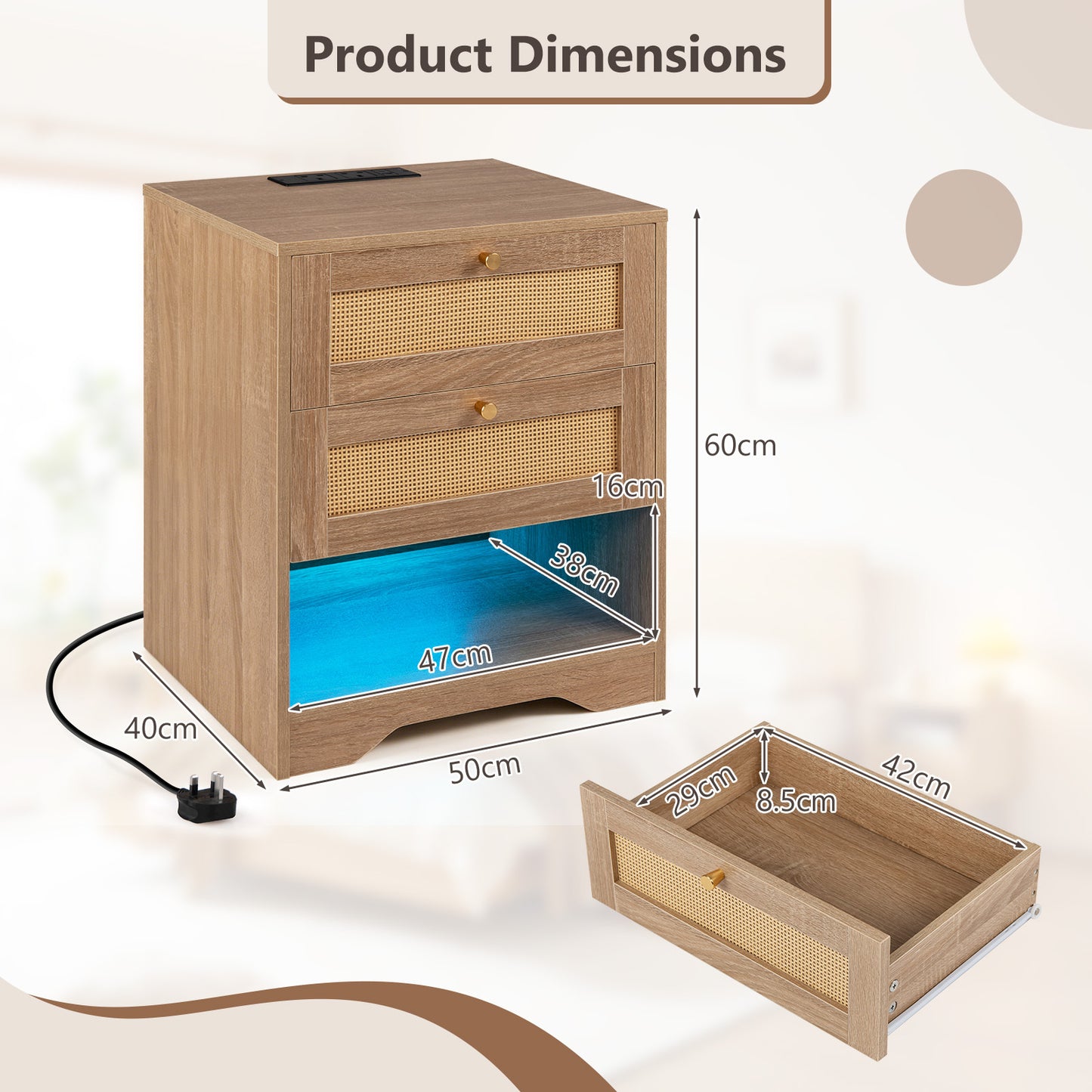 Nightstand with Charging Station and Open Storage for Bedroom Set of 2-oak