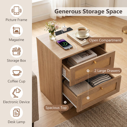 Nightstand with Charging Station and Open Storage for Bedroom Set of 2-oak