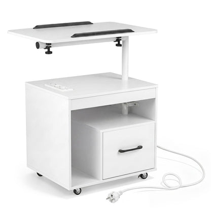 Nightstand with Charging Station and Rotatable Tabletop on Wheels for Bedroom-White