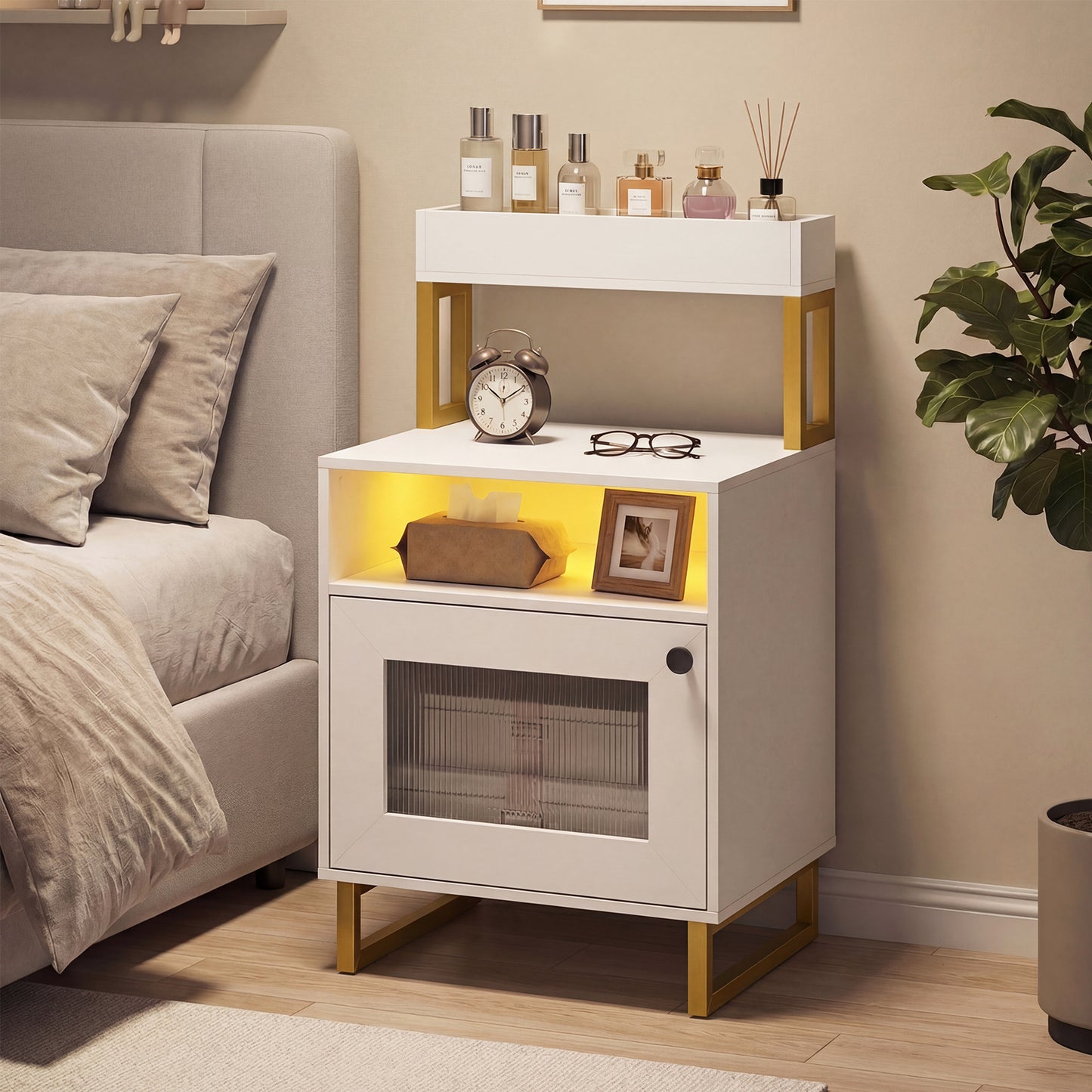 Nightstand with LED Lights Modern End Table with Top Tray-White