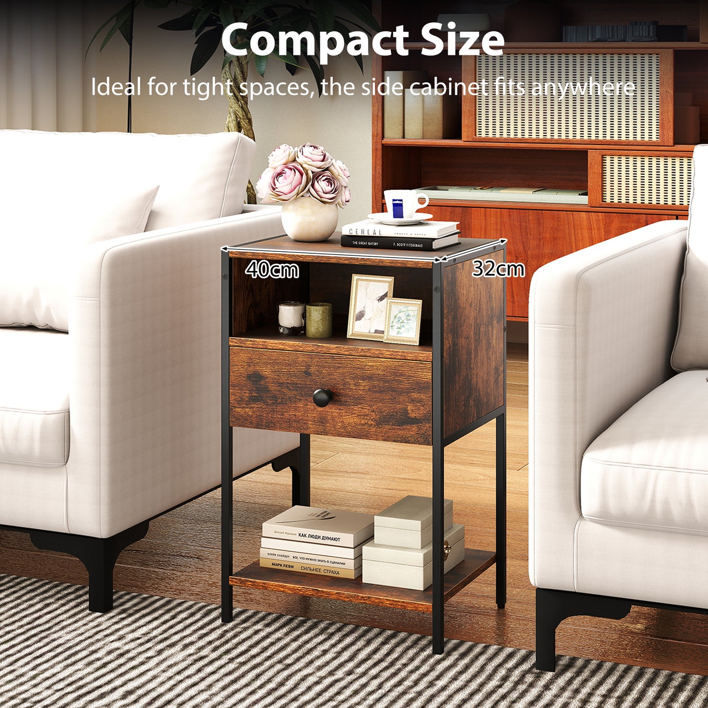 Nightstand with Open Compartment and Storage Shelf Set of 2-Rusticbrown