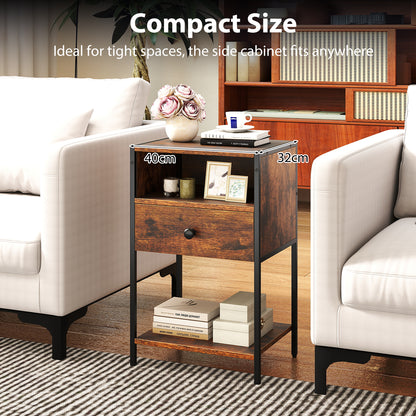 Nightstand with Open Compartment and Storage Shelf Set of 2-Rusticbrown